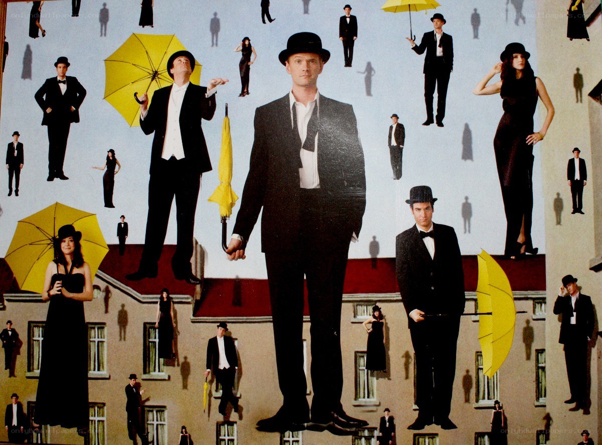 Artistic collage with figures and umbrellas