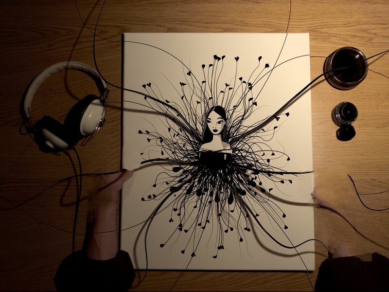 artistic drawing with headphones