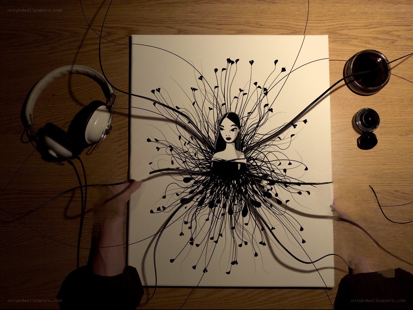 artistic drawing with headphones
