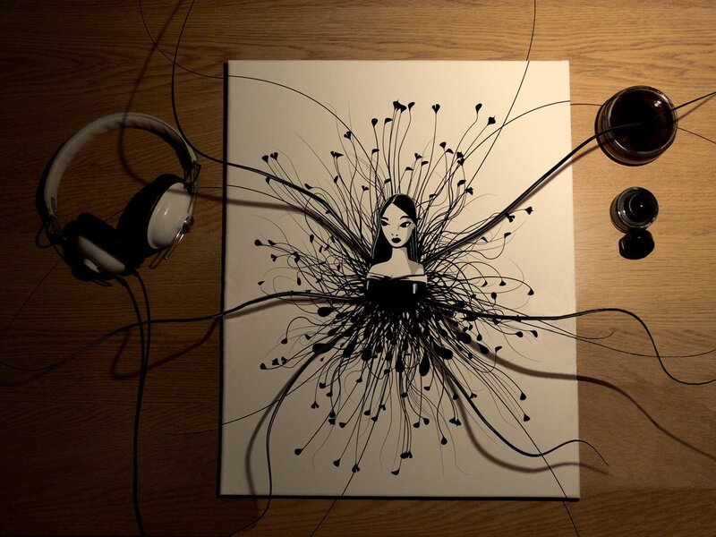 artistic drawing with headphones