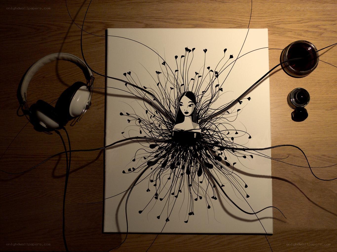 artistic drawing with headphones