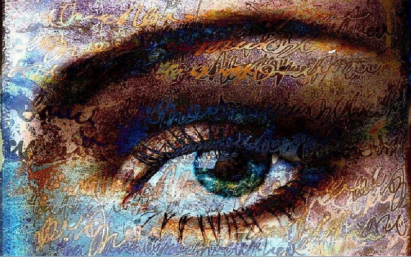 artistic eye with script overlay