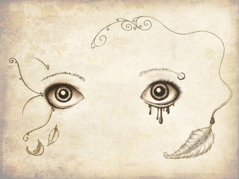 Artistic eyes with feathers and tears