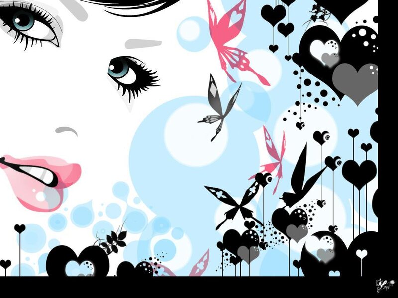artistic face with hearts and butterflies