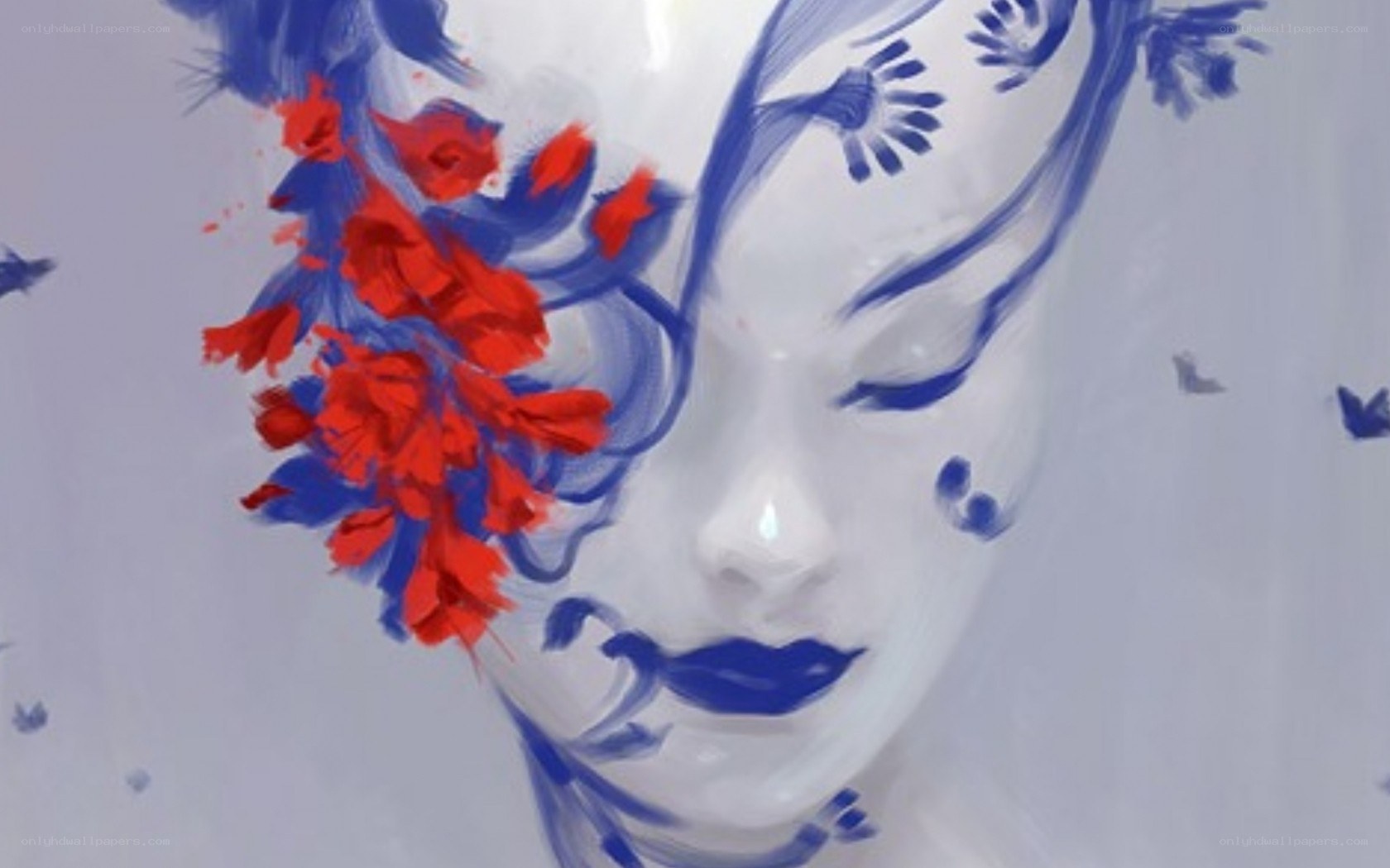 artistic face with red flowers