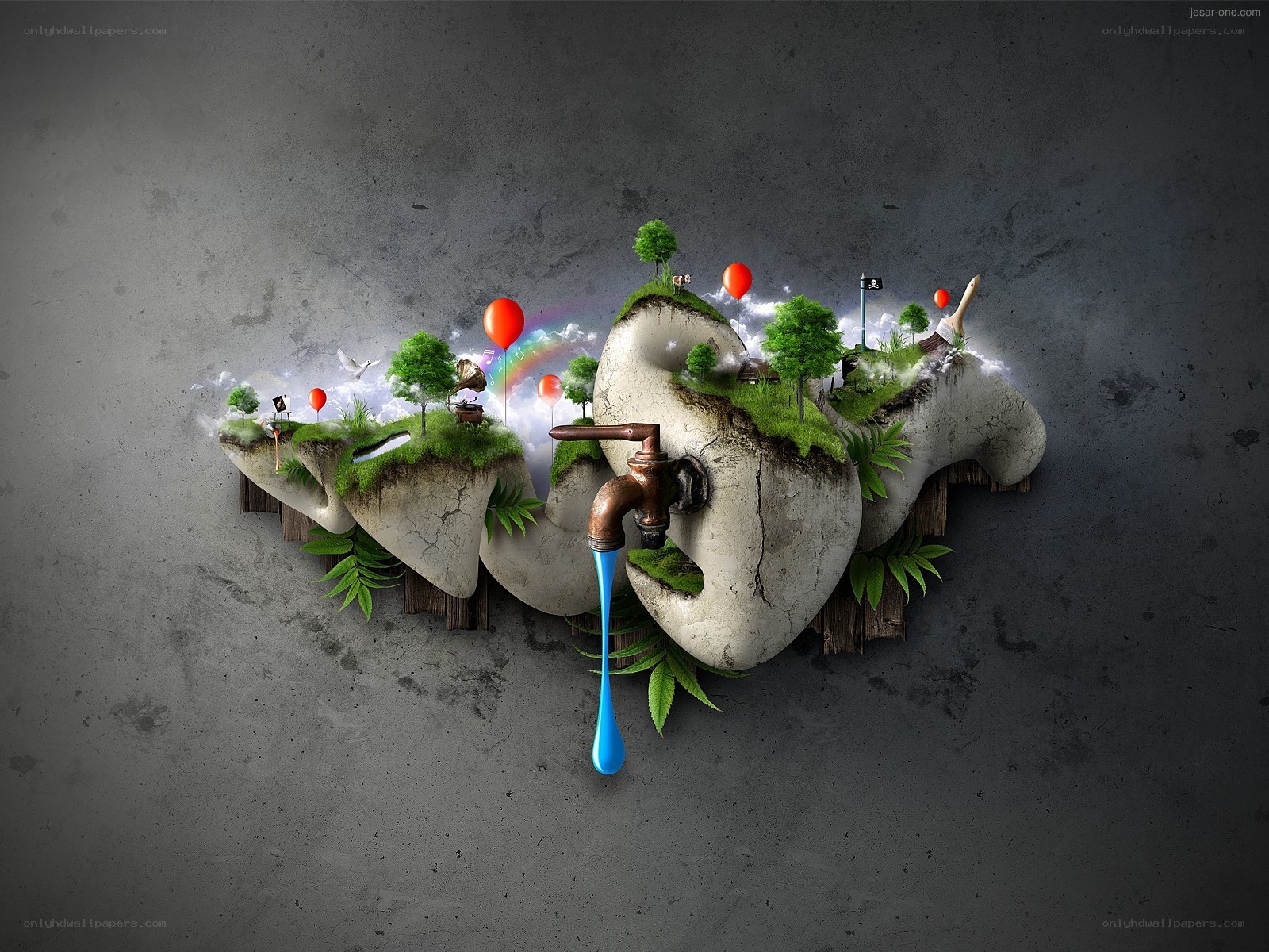 Artistic landscape with faucet