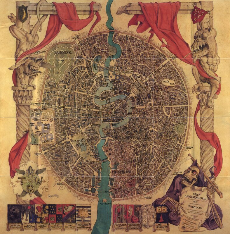 Artistic map of Prague with gargoyle figures