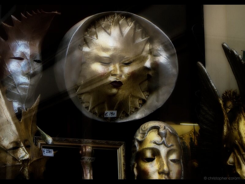 Artistic masks in a shop window