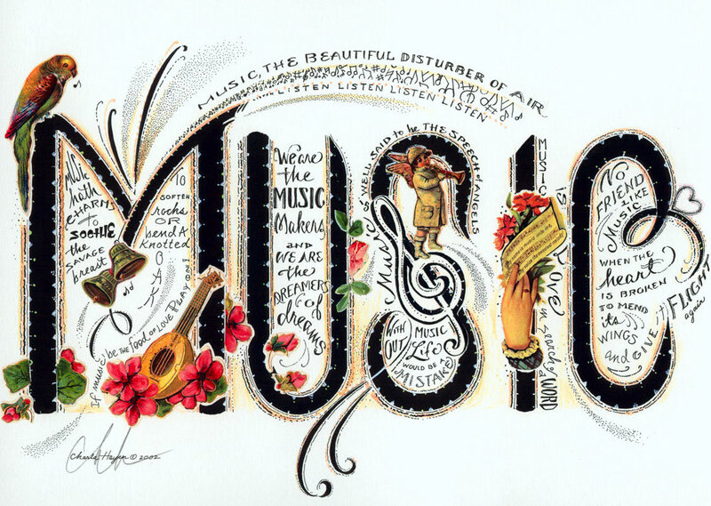 Artistic 'Music' lettering with quotes
