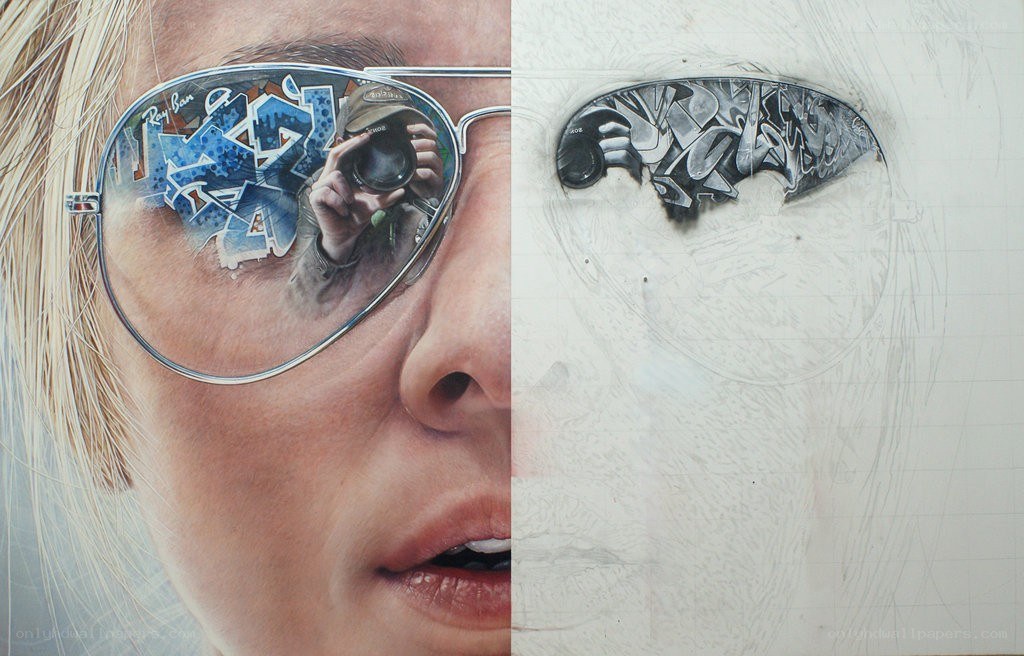 Artistic portrait with graffiti reflection