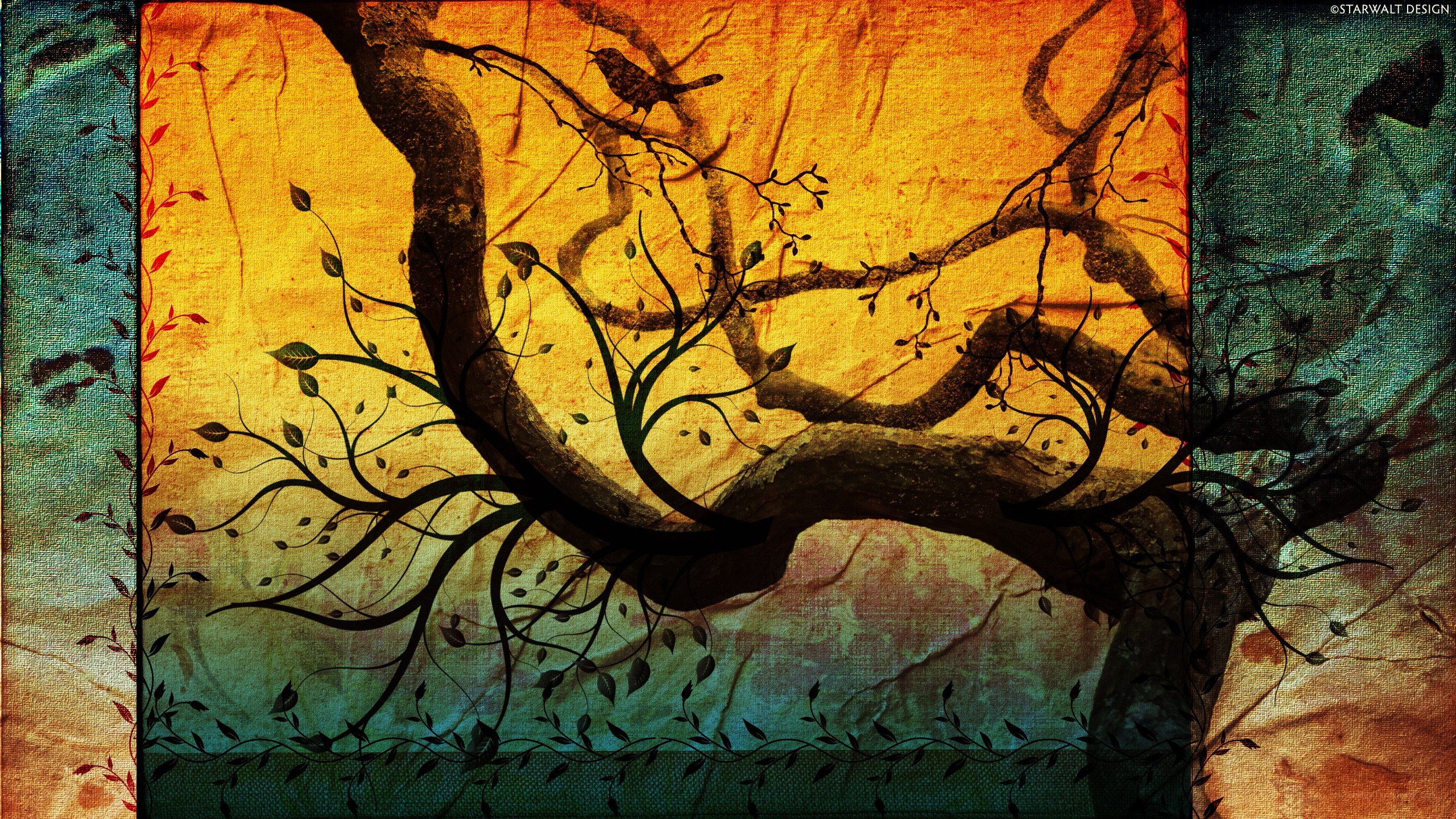 artistic tree with bird silhouette