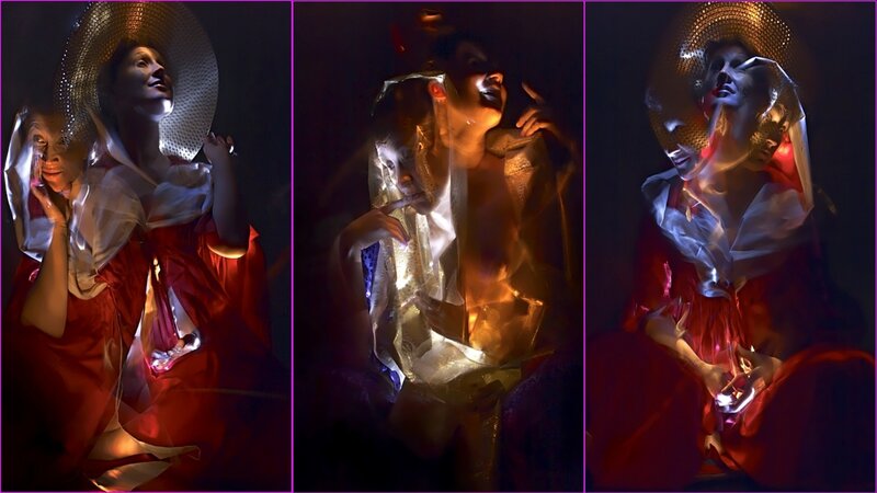 Artistic triptych of women in red
