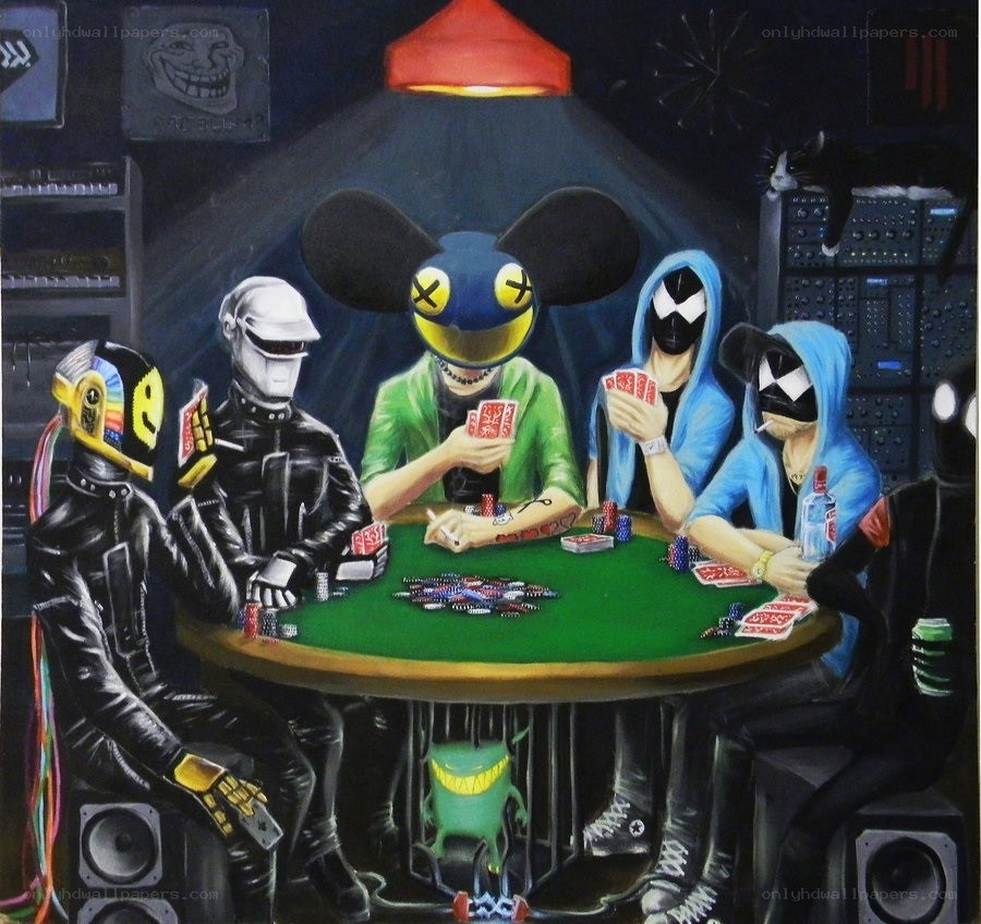 Artists playing poker in a studio
