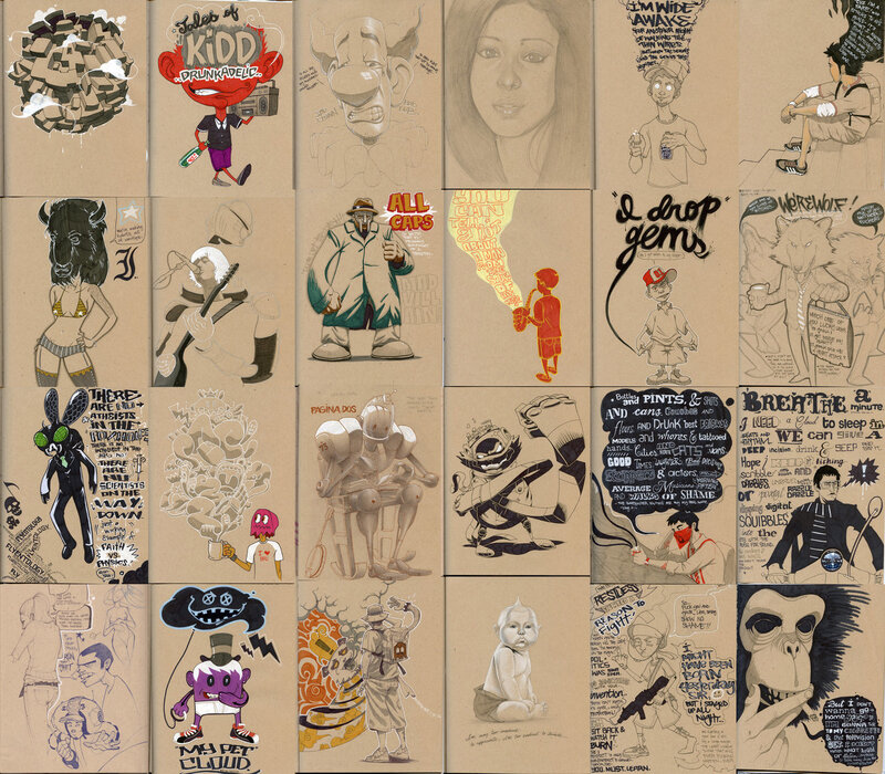 Artwork collage on brown paper