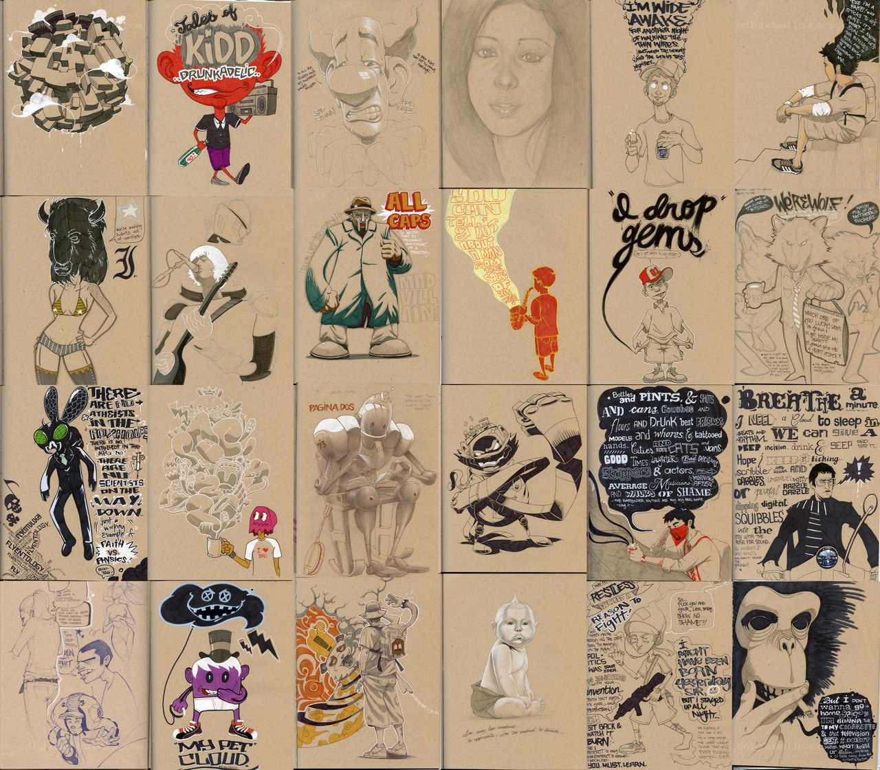 Artwork collage on brown paper