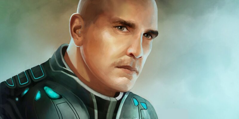 artwork of a bald man in armor