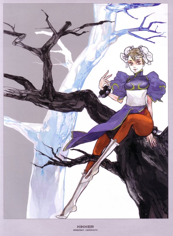 Artwork of a female character on a tree