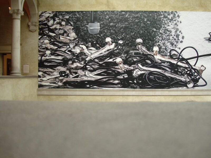 Artwork with skulls and microphone
