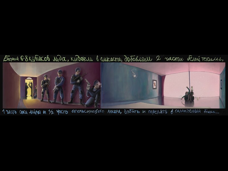 Artwork with soldiers and a cat