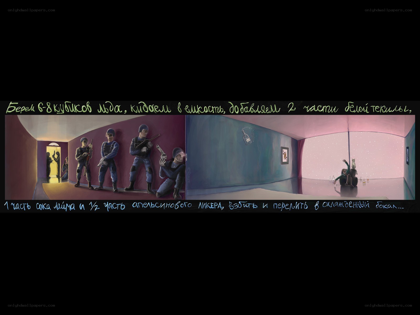 Artwork with soldiers and a cat