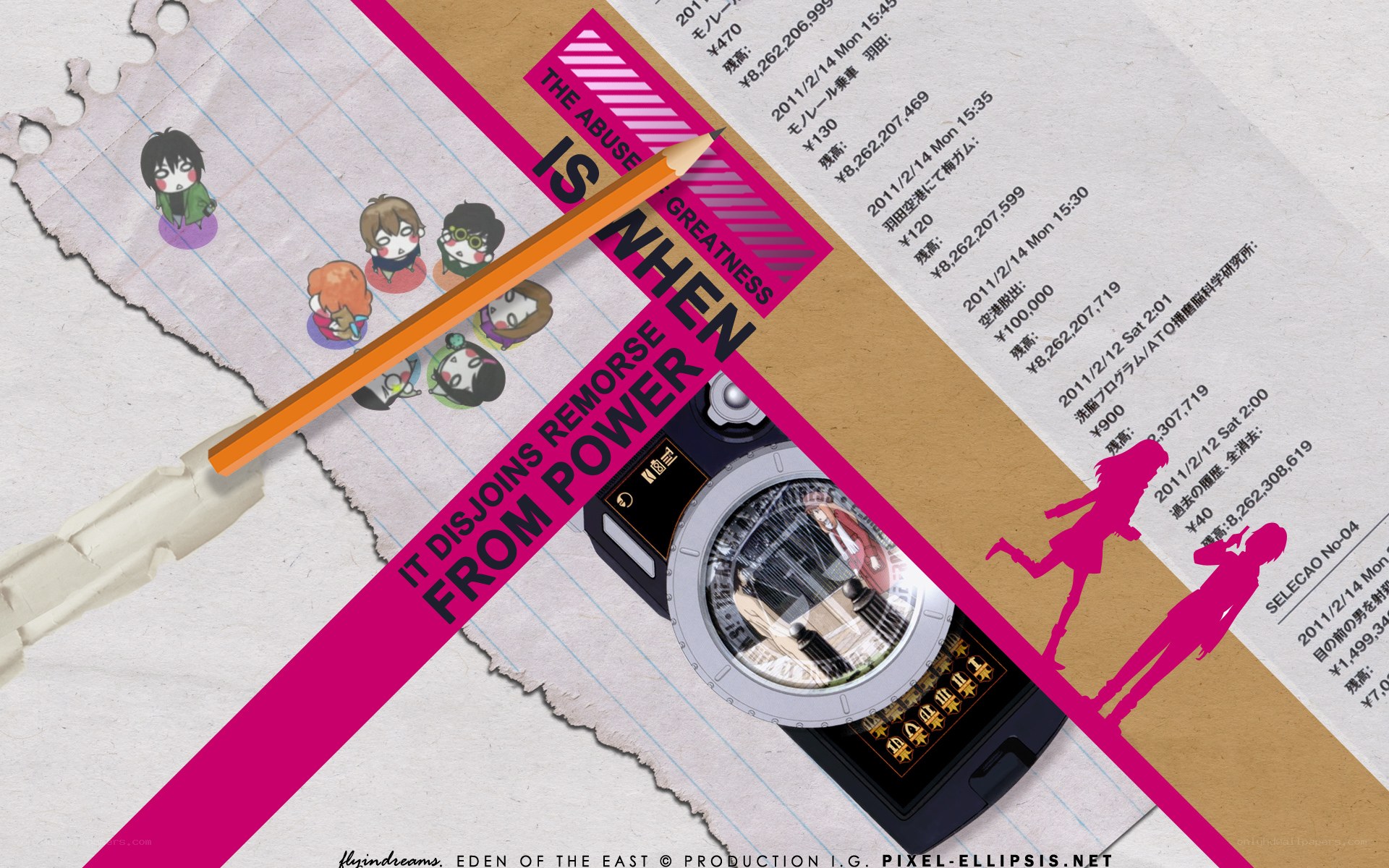 Artwork with text and characters