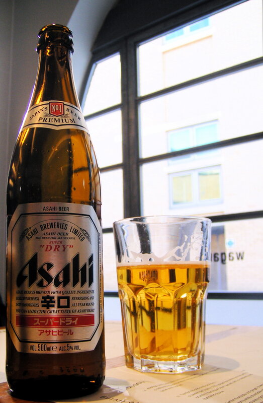 Asahi beer bottle and glass
