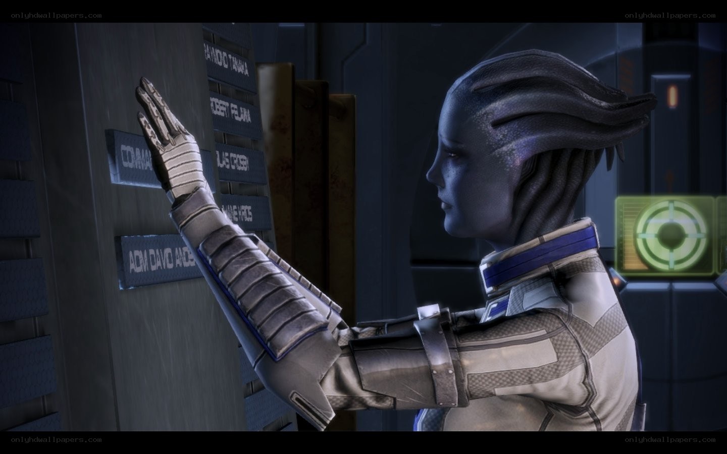 Asari character in futuristic setting