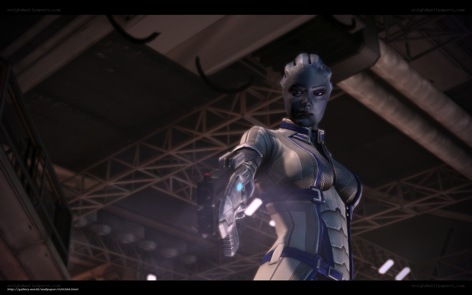 Asari soldier in industrial setting