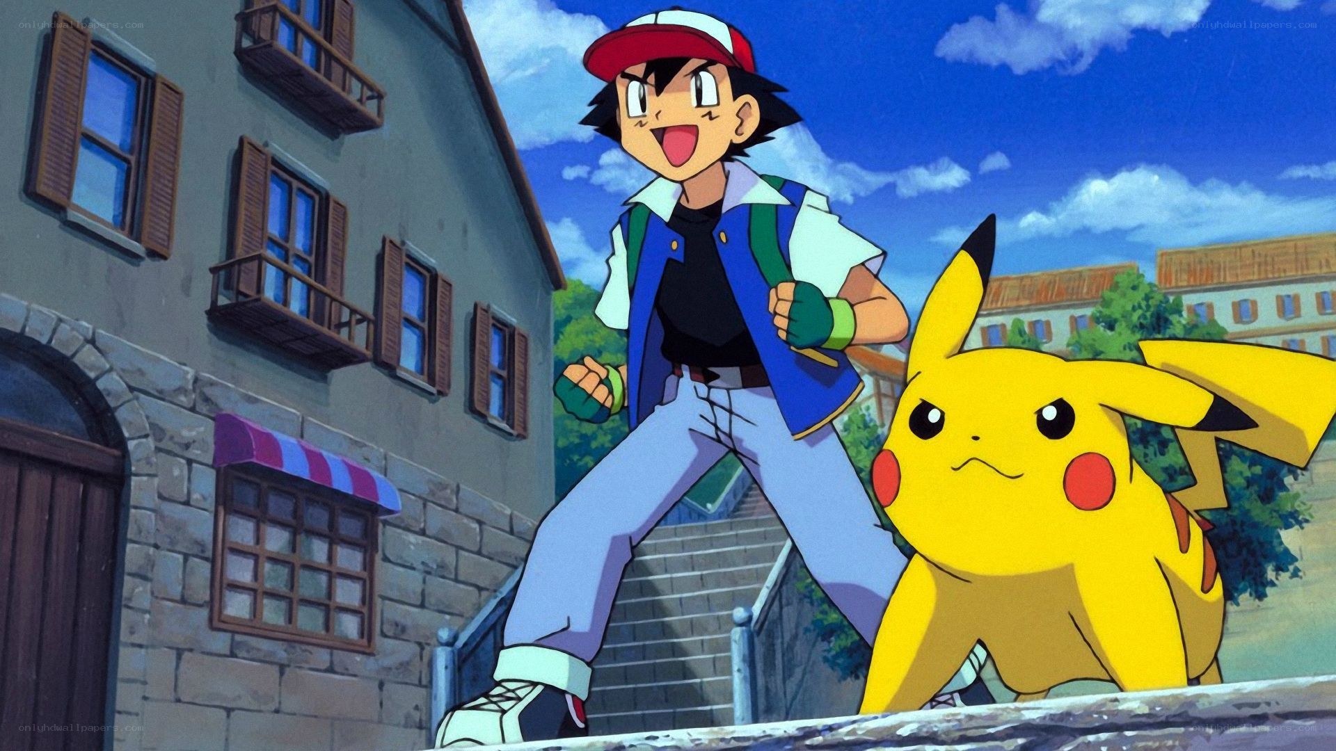 Ash and Pikachu in a town