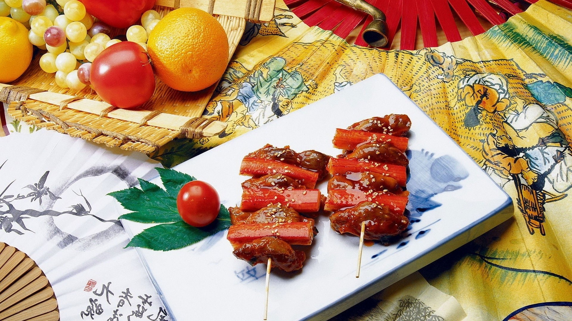 Asian skewers with fruit display