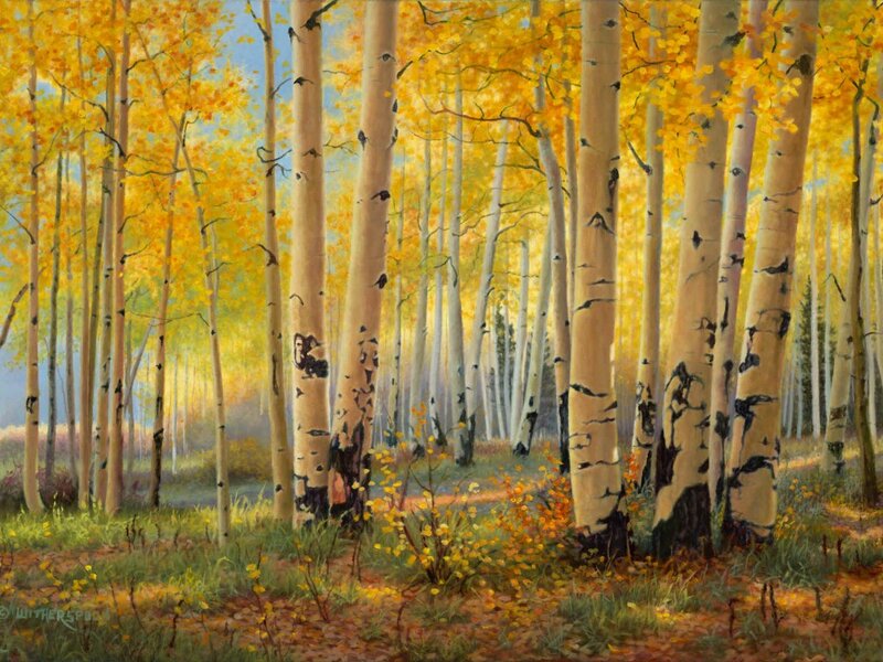 Aspen Trees in Autumn — Yellow, Serene, Painting, Leaves, Forest