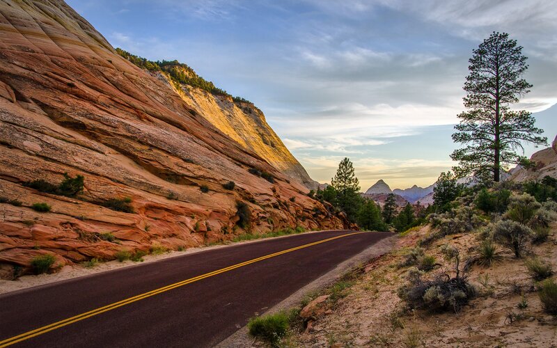Asphalt Road in Canyon — Red, Serene, Sunset