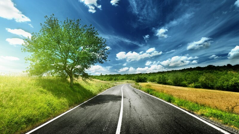 Asphalt Road in Countryside — Blue, Serene, Afternoon, Photograph, Tree