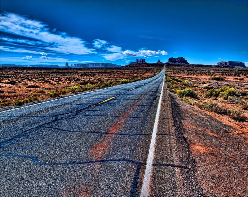 Asphalt Road in Desert — Blue, Dramatic, Afternoon, Photograph, Sky
