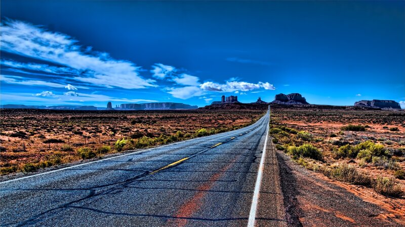 Asphalt Road in Desert — Blue, Dramatic, Afternoon, Photograph