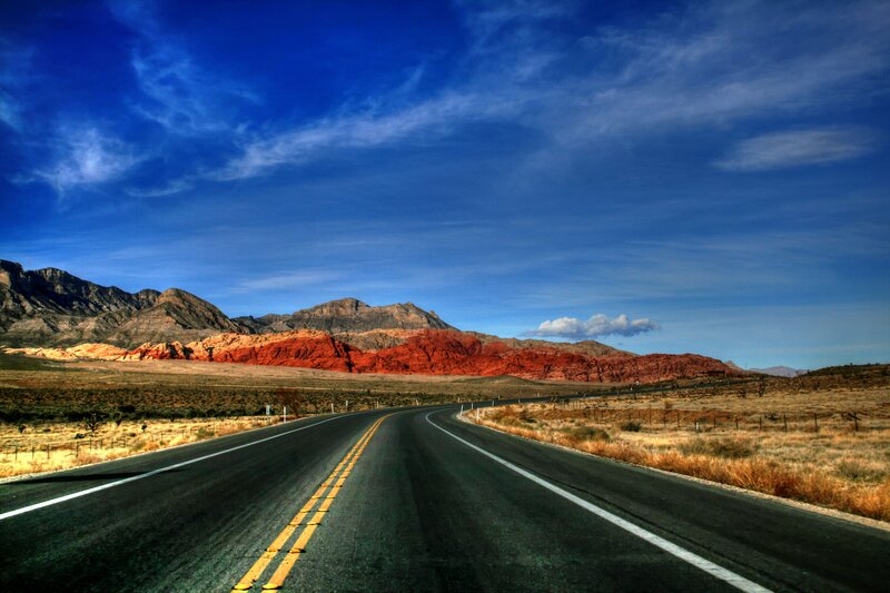 Asphalt Road in Desert — Blue, Dramatic, Afternoon