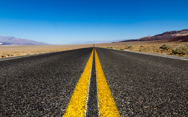 Asphalt Road in Desert — Blue, Open, Afternoon, Photograph, Mountains