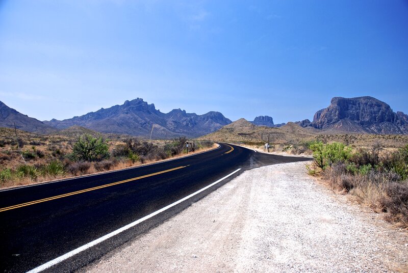 Asphalt Road in Desert — Blue, Serene, Afternoon, Photograph, Mountains