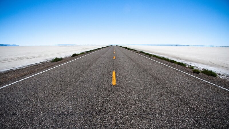 Asphalt Road in Desert — Blue, Serene, Afternoon, Photograph, Salt Flat, Sky