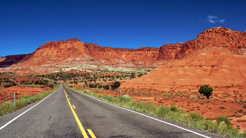 Asphalt Road in Desert — Red, Serene, Afternoon