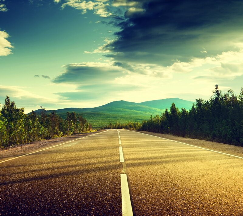 Asphalt Road in Forest — Green, Serene, Afternoon, Photograph, Mountains