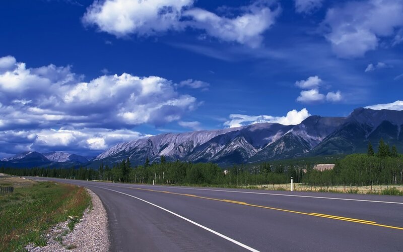 Asphalt Road in Mountains — Blue, Serene, Afternoon, Photograph, Trees