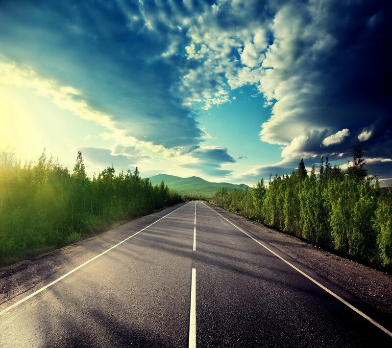 Asphalt Road Through Forest — Blue, Dramatic