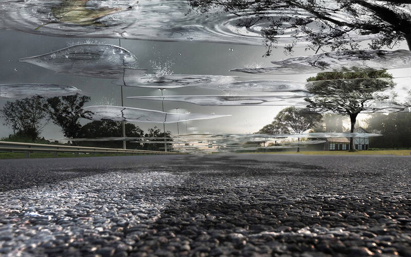 Asphalt Road with Water Reflections — Gray, Dramatic