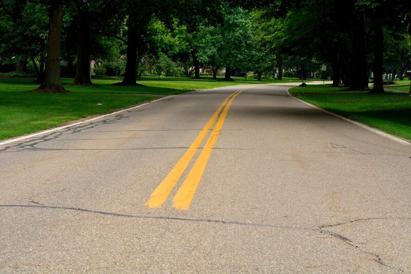 Asphalt Road with Yellow Lines — Gray, Serene