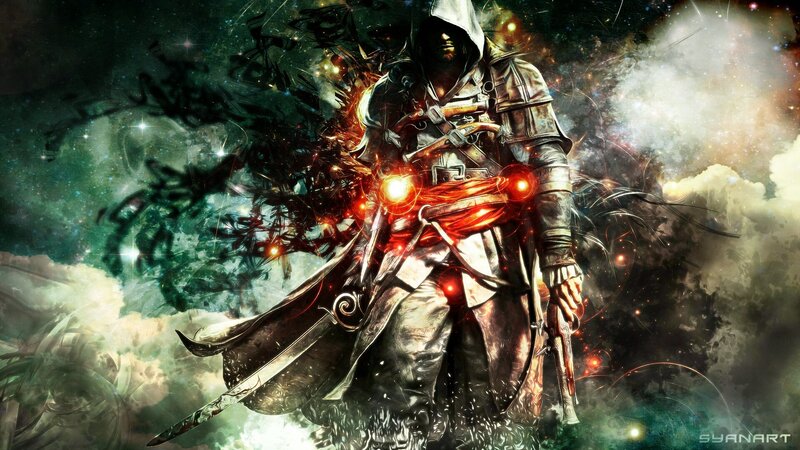 Assassin Character — Black, Dramatic, Digital Art, Sword, Gun