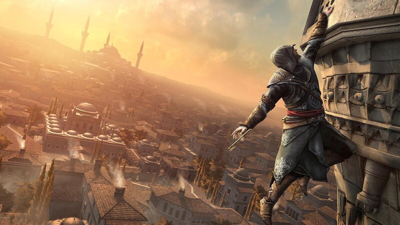 Assassin Climbing Building — Orange, Dramatic, Sunset, 3d Render, Cityscape, Minarets