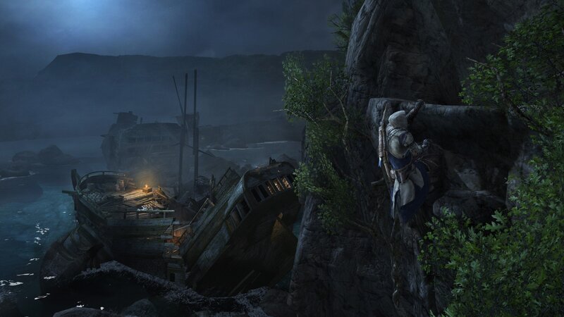 Assassin Climbing Cliff — Dark Blue, Dramatic