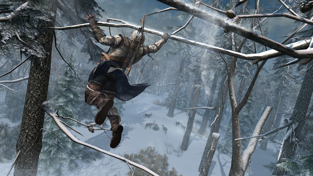 assassin climbing in snowy forest