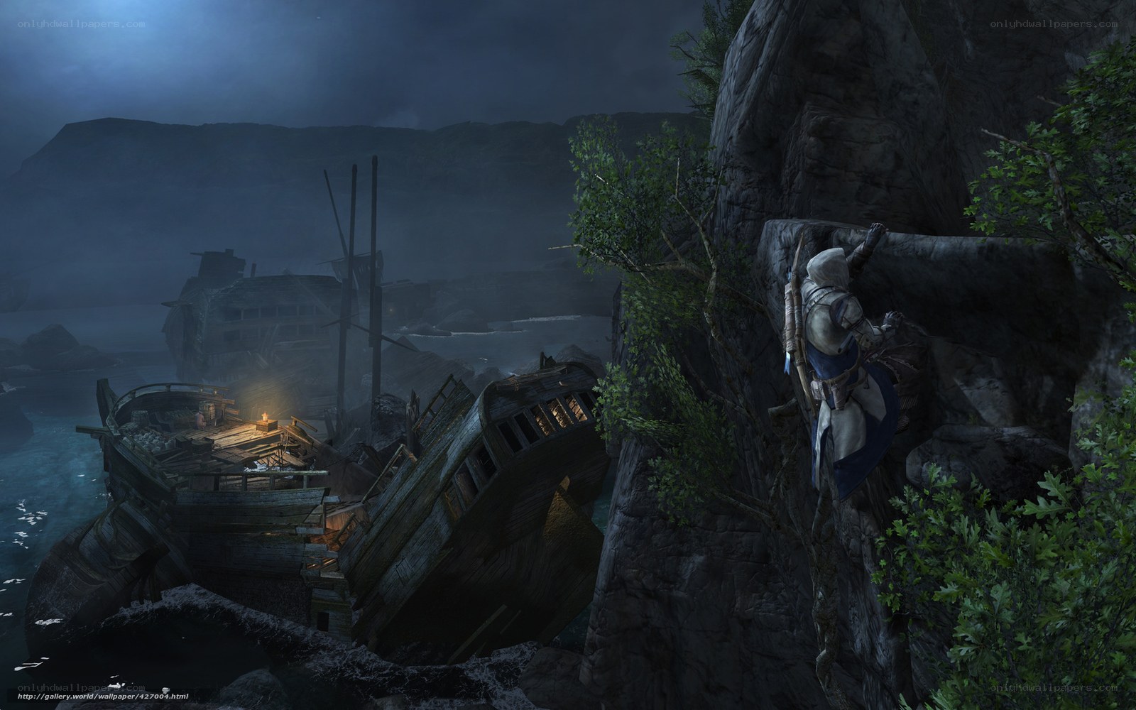 Assassin climbing rocky cliff